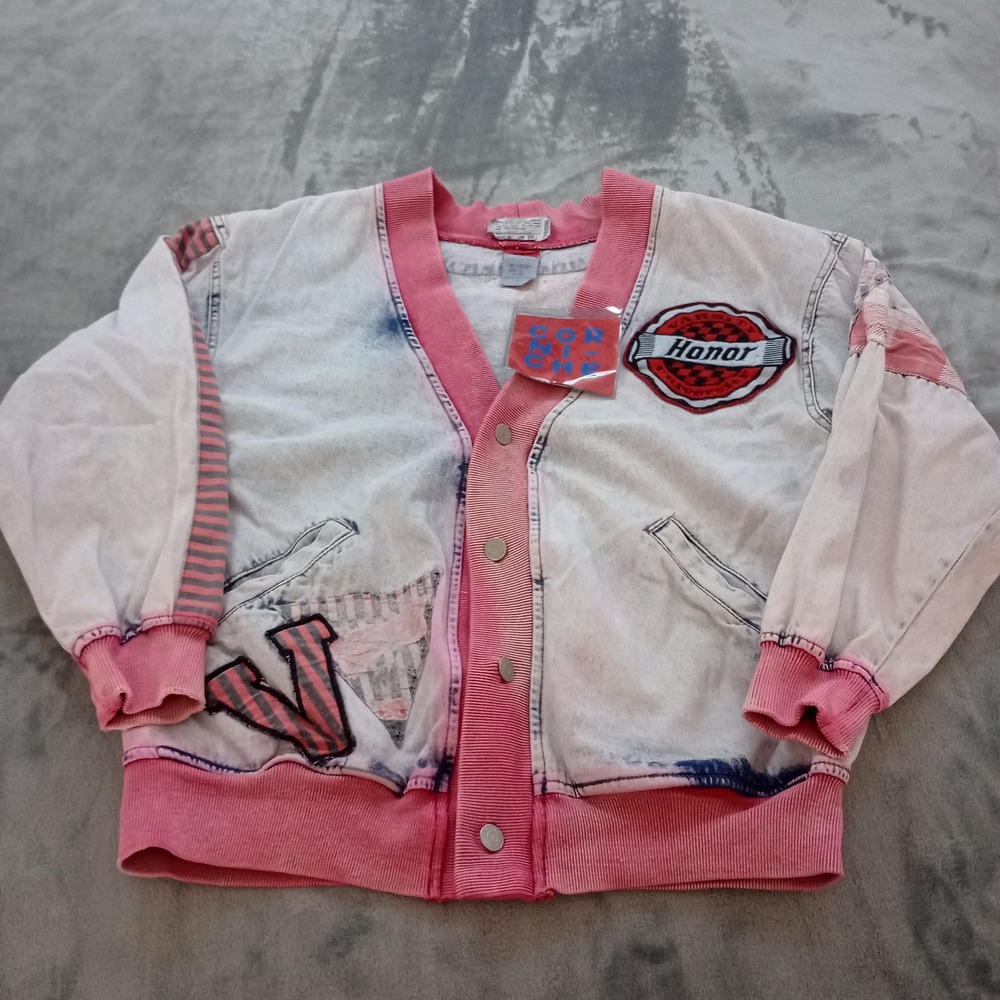 Corniche Varsity Jacket Womens Small Pink Acid Wash Cotton Vintage 80s Cardigan‎